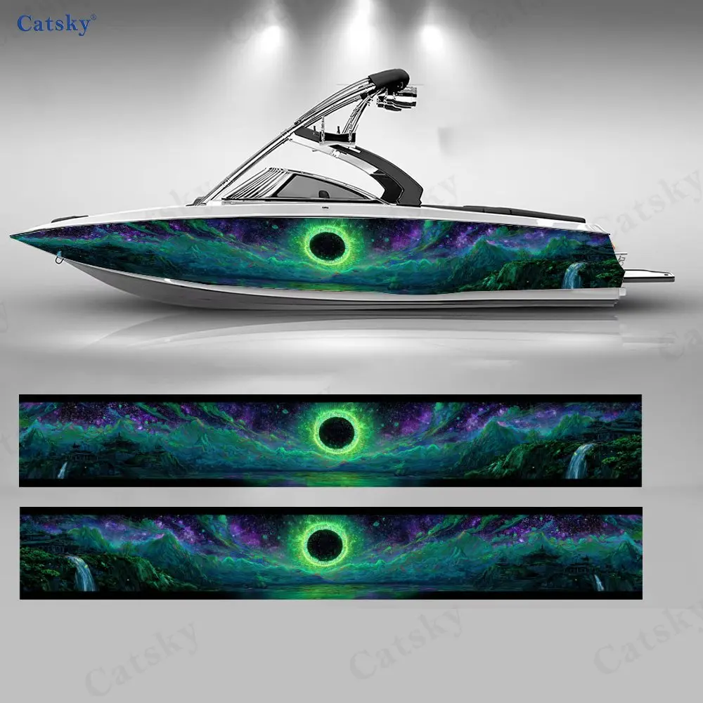 2Pcs Mysterious Realm Cloud Palace Boat Stickers, PVC Waterproof Vinyl Wrap Decals for Fishing Boats, Durable and Stylish Design