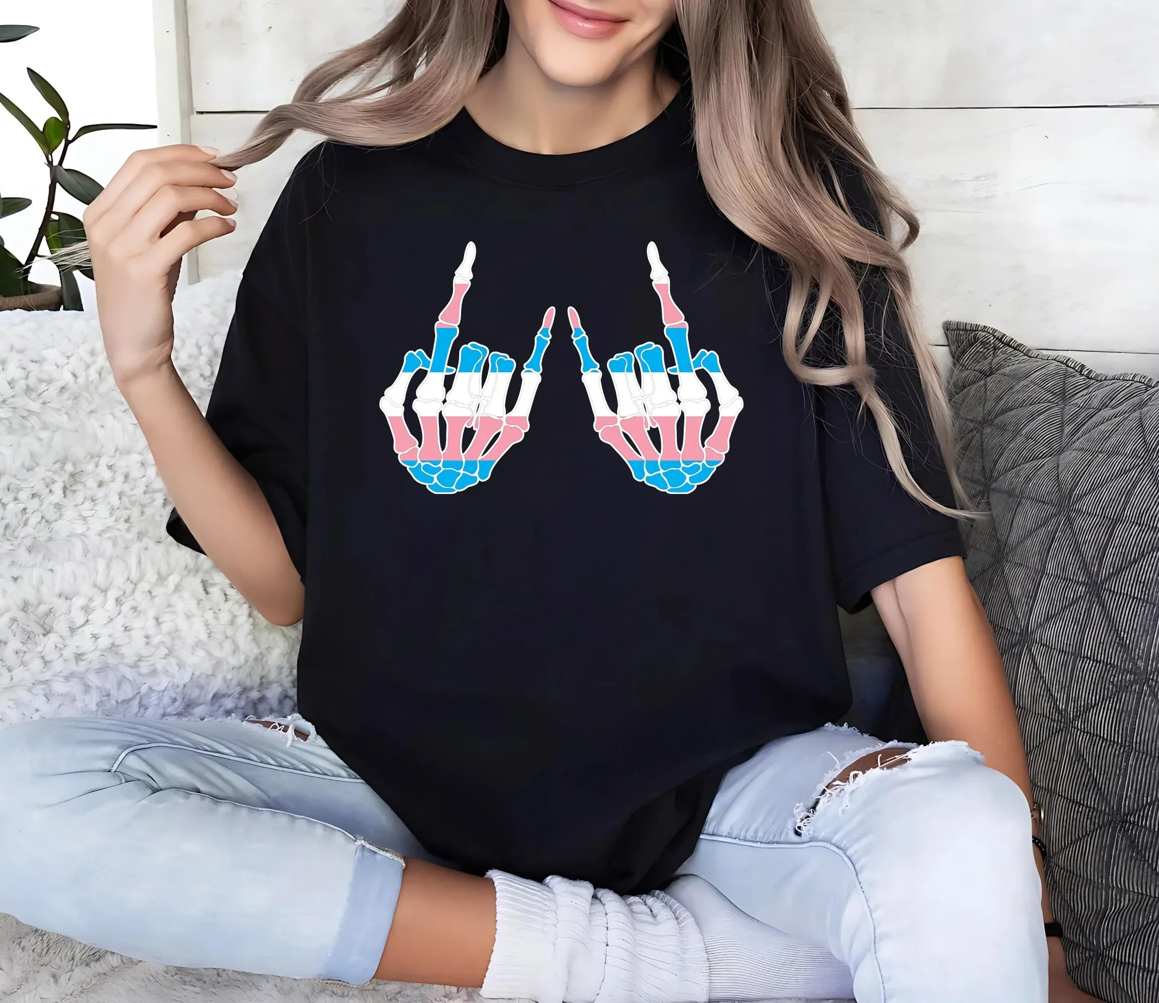 Skeleton Rock Hands T Shirt Trans Pride Flag Support Kids LGBTQ Ally
