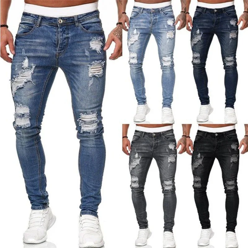 

Streetwear Ripped Skinny Jeans Men Vintage wash Solid Denim Trouser Mens Casual Slim fit pencil denim Pants Hombre Joggers