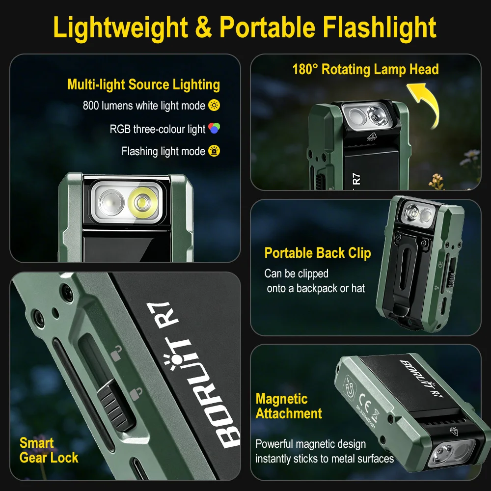 BORUiT R7 800LM Rotating Head RGB Magnetic Keychain Flashlight Rechargeable Torch Waterfroof Camping Emergency Portable Lantern