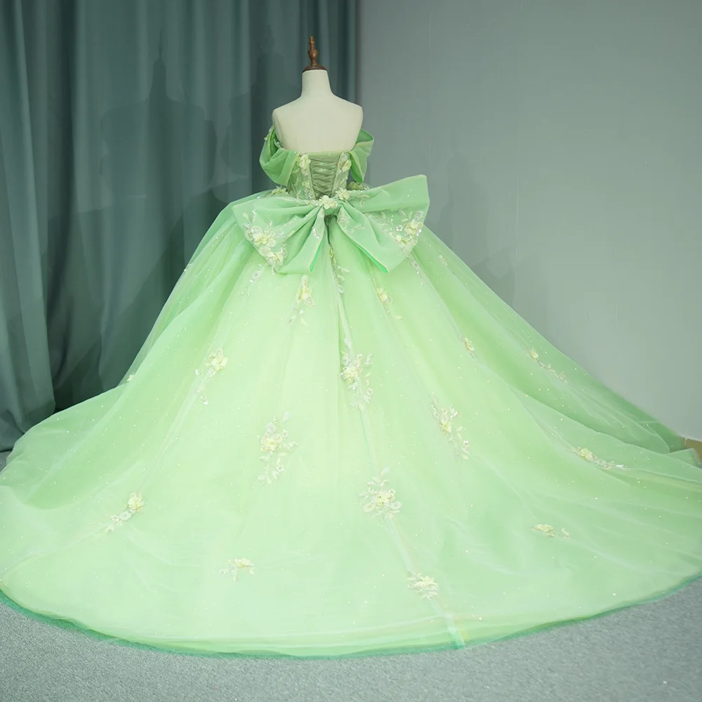 Green Ball Gown Quinceanera Dresses Shiny Appliques Bridal Gown Party Bow Floor-length Bride Dresses vestidos de quinceañera