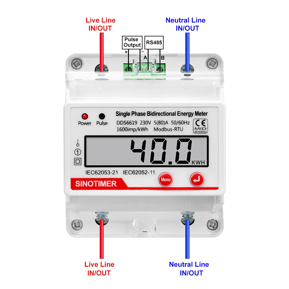 AC 230V 80A 4P Single Phase Bidirectional Electricity Energy Meter KWH with RS485 Modbus RTU Communication Power Consumption