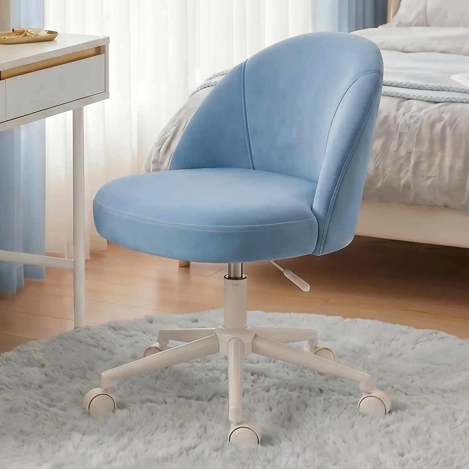 Velvet Vanity Chair with Wheels, Armless, Height Adjustable, sSwivel Desk Chair Curved Lumbar Back Support Rolling, Customized