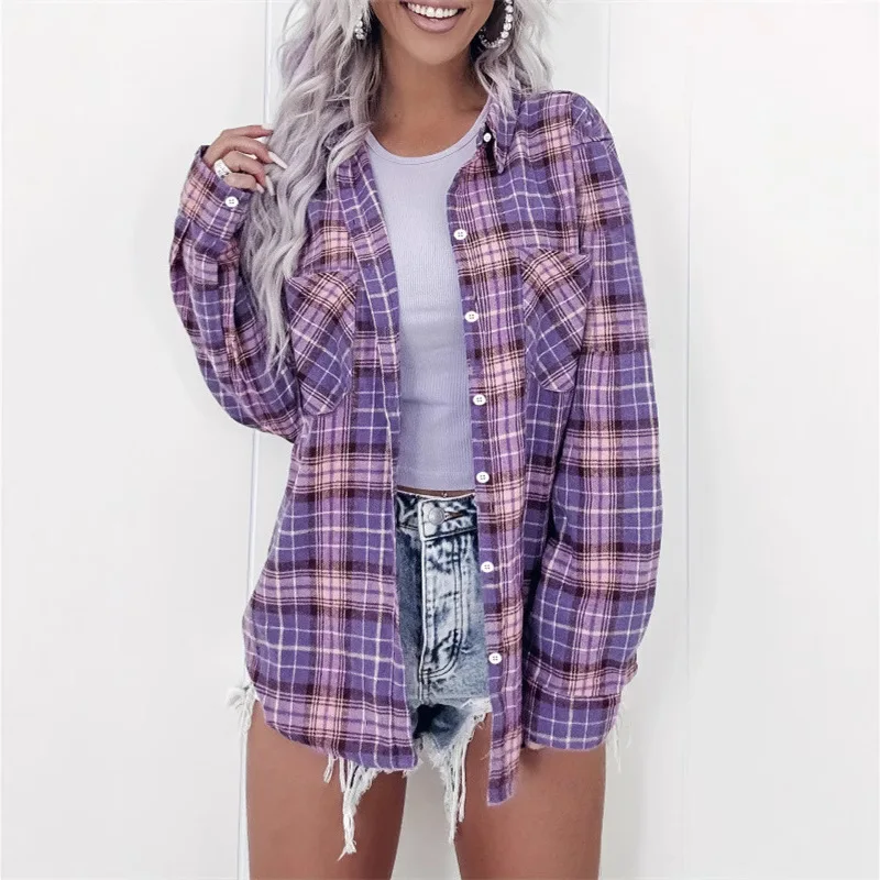 2025 Autumn and Winter New Fashion Loose Version Long Sleeves Grid Pattern Cardigan Long Sleeves Flip Collar Loose Coat Women