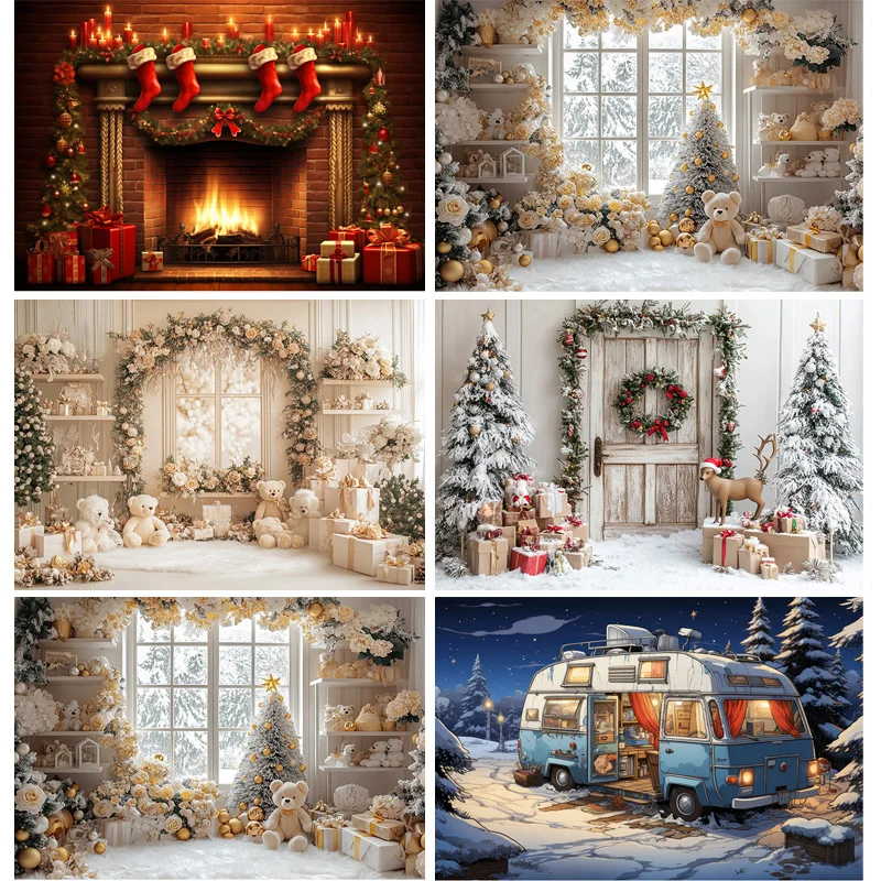 New Year Christmas Day Festival Photography Backdrop Fireplace Living Room Gift Holiday Flowers Hall Wedding Background RS-30