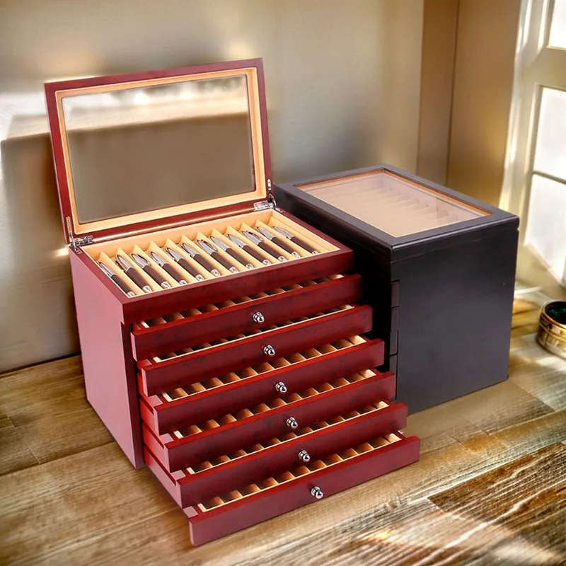 

Wooden pen box 78-position red paint pen storage box drawer type high-end pen packaging box