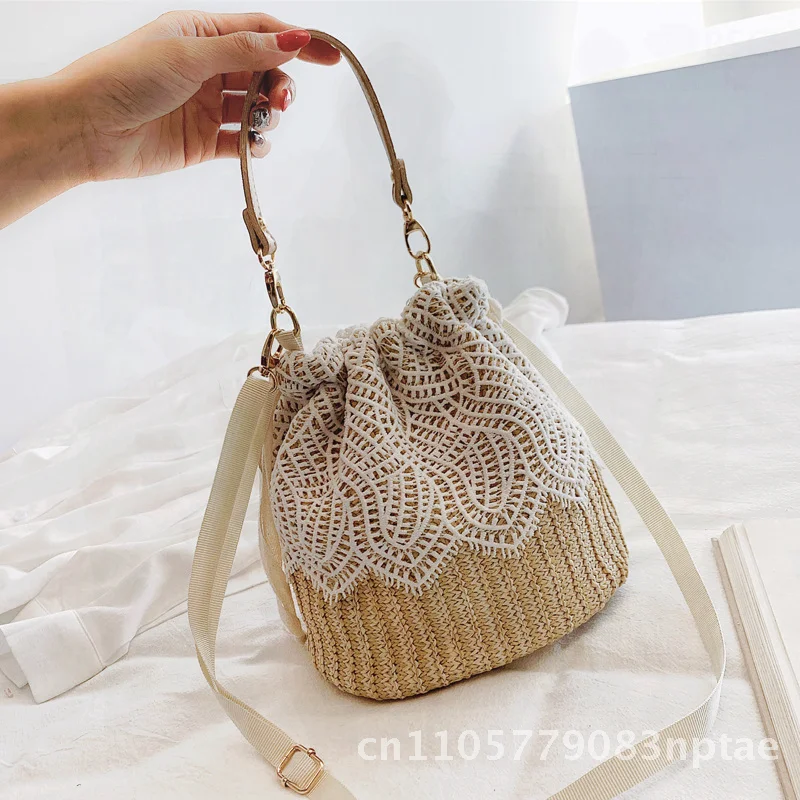 2024 Women's Fairy Rattan Beach Bag Portable Crossbody Lace Straw Bucket Bag Cotton Linen Woven Trendy Embroidery Hollow out