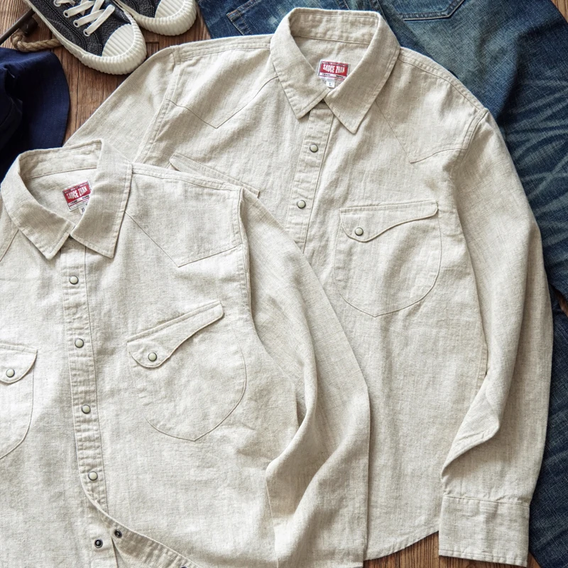 

Мужская повседневная длинная нашивка Western Sle Linen irt Pure Color цвета хаки, модная хлопковая джинсовая подставка, подходит для молодежи