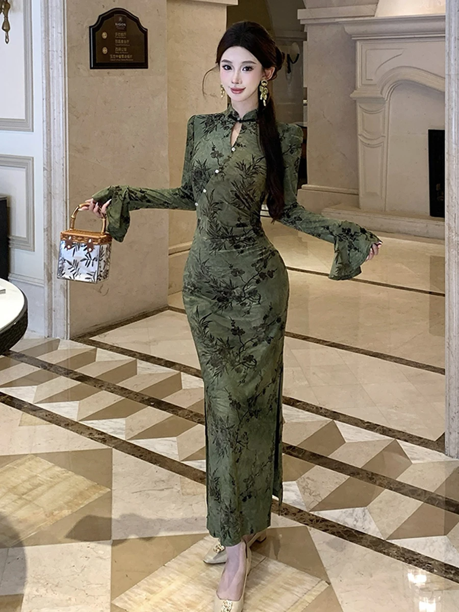 

Сексуальное новое китайское длинное платье Ципао с разрезами и расклешенными фурамами, женское облегающее платье с высокой талией для молодых дам