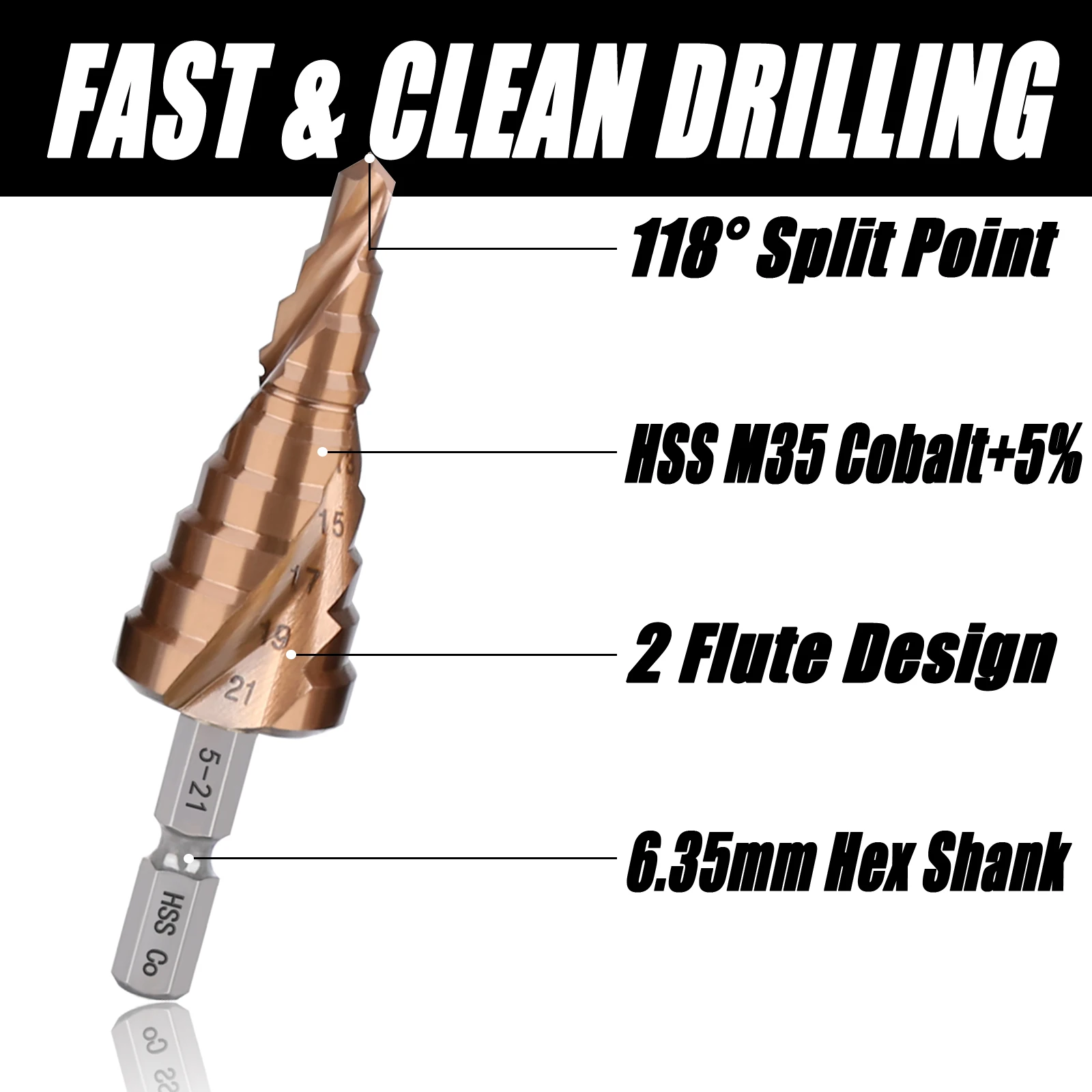1PC 4-12/4-22/4-32/5-21/5-27mm M35 Cobalt Step Drill Bit 6.35mm Hex Shank HSS-Co Cone Spiral Groove Metal Drill Tool Hole Cutter