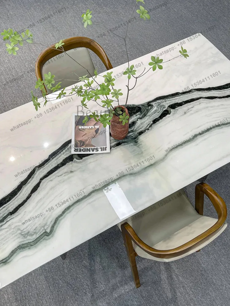 Panda White Natural Marble Dining Table Rectangular Italian Minimalist Green Luxury Stone Dining Table 1.8 meters