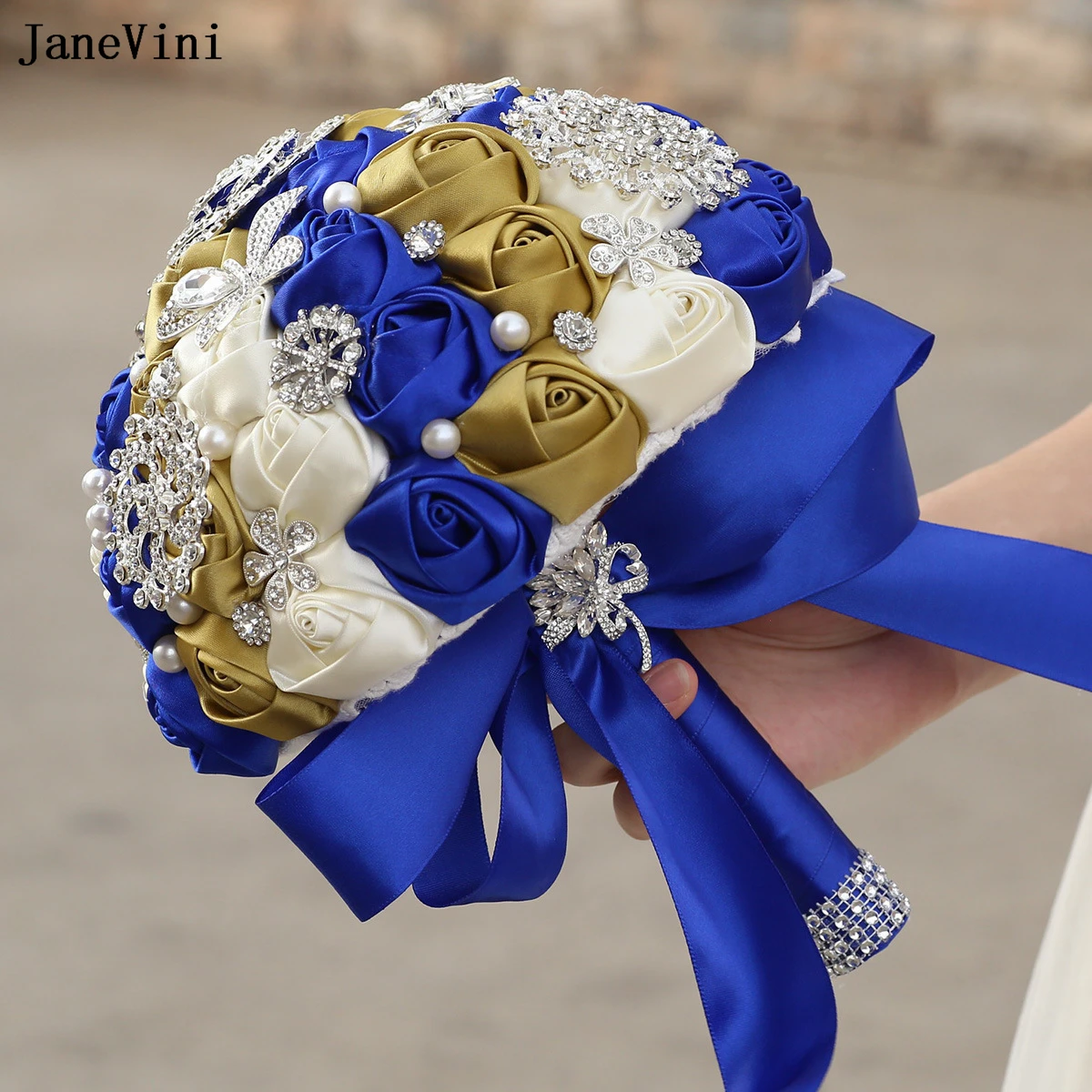 JaneVini Bling Bling Silver Diamond Royal Blue Bridal Bouquets ประดิษฐ์ซาตินกุหลาบดอกไม้งานแต่งงานเข็มกลัดช่อดอกไม้สําหรับเจ้าสาว