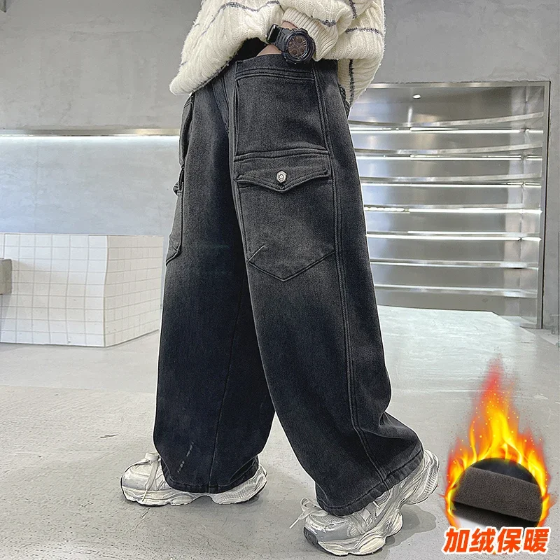 

2025NewBoys' Fleece-lined Trousers for Autumn and Winter 2025 New Children's Thickened Jeans.4-15year