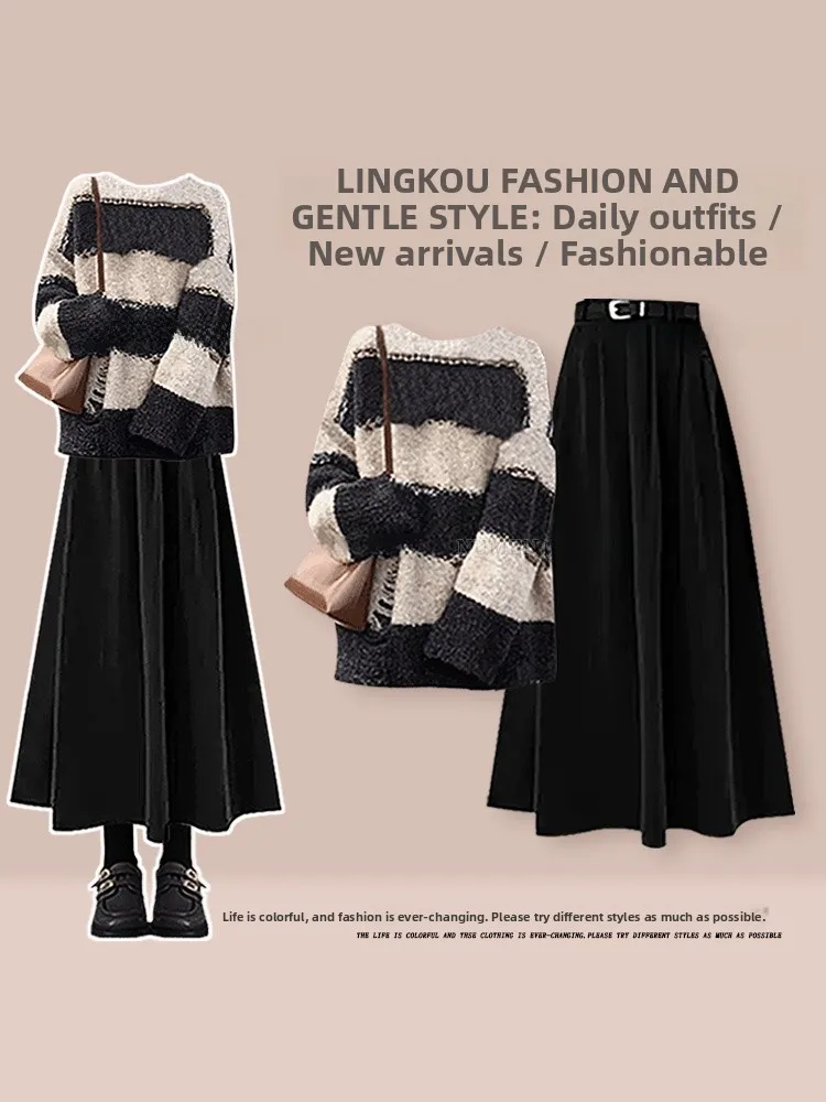 

Anti-Aging Autumn Winter Set Women's Vintage Preppy Striped Knit Sweater High Waist Slimming Skirt Two-Piece Ensemble