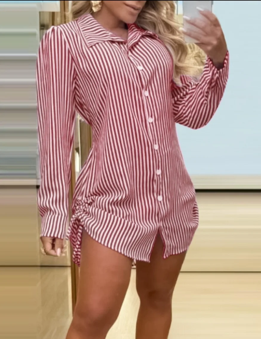Spring Autumn Sexy Drawstring Shirt Dress For Women Fashion Striped Print Full Sleeve Button Mini Dresses 2024 New Long Shirt