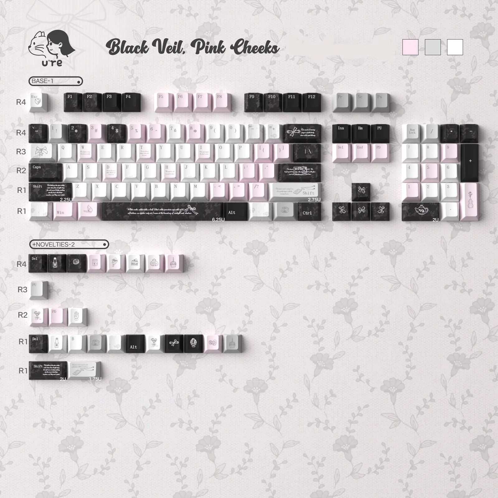 URE Black Veil Keycaps Dye-Sub Cherry Profile PBT Keycaps Pink Individualisierte Mädchen-Keycaps für MX 61/68/96/104 mechanische Tastatur