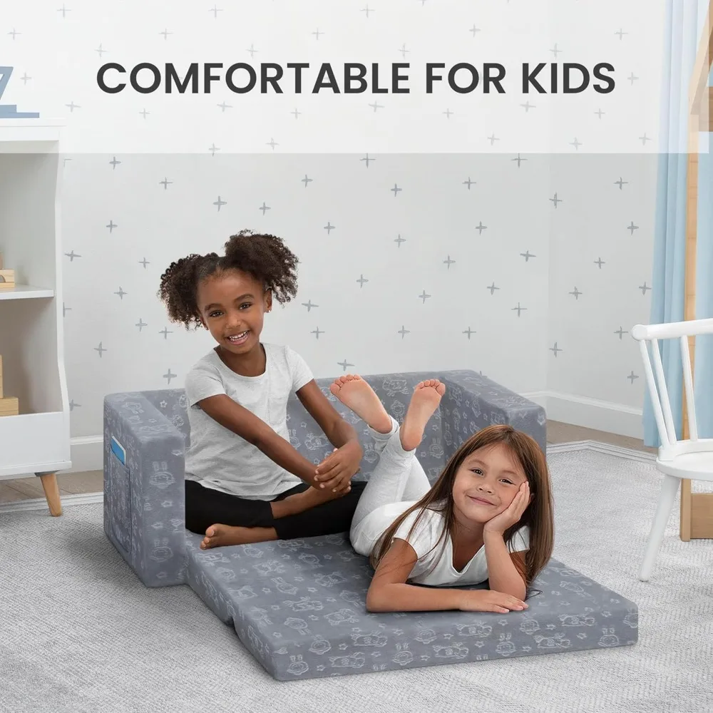 Convertible Sofa to Lounger for Kids - Comfy 2-in-1 Flip Open Couch Sleeper, Grey