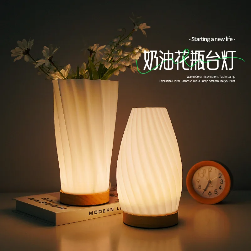 

Cream Flower Vase Table Lamp Bedroom USB Plug LED Bedside Lamp Aesthetic Ikebana Decorative Night Light For Living Room Office