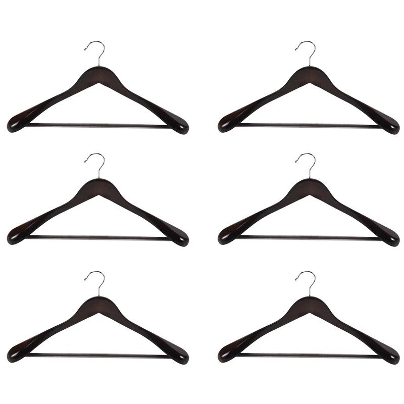 Wide Shoulder Wooden Hangers 6 Pack With Non Slip Pants Bar - Smooth Finish Solid Wood Suit Hanger Coat Hanger