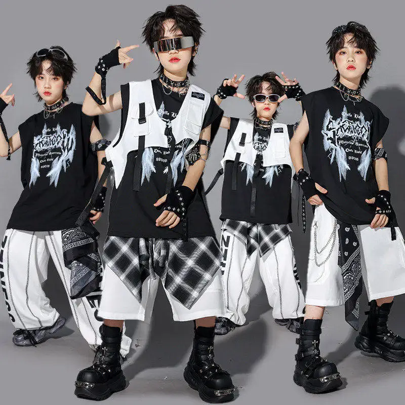 

Hip Hop Clothes For Boy Street Dance Performance Costume Black Top White Pants Children Jazz Show Stage Outfit Streetwear 3788