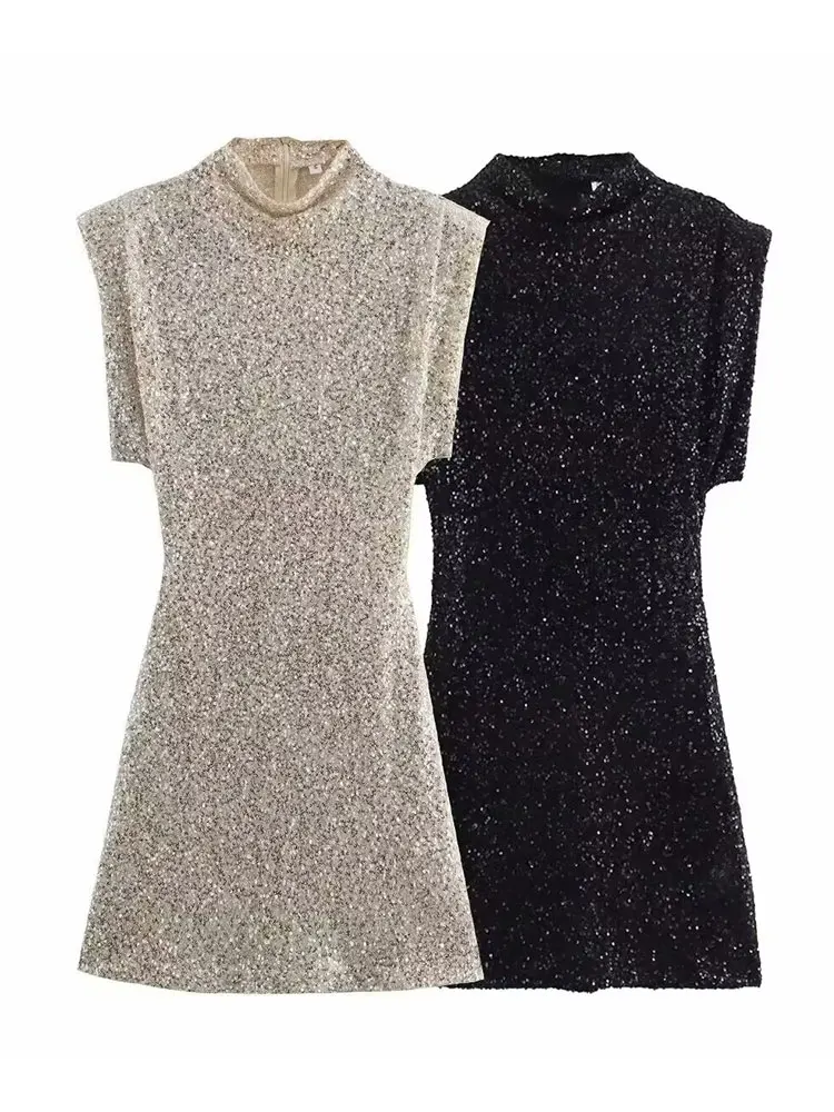 HH Summer Women Fashion Shinny Paillettes Mini abito Sexy O Collo Slim Abiti senza maniche Donna Elegante Club Party Evening Wear