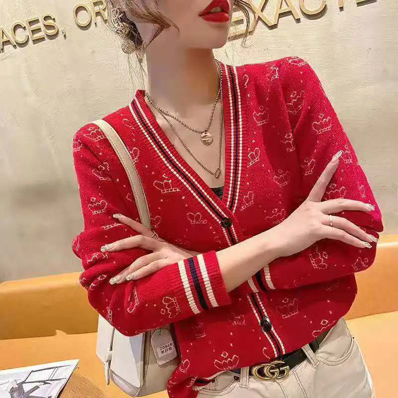 Autumn Winter New Fashion V-neck Long Sleeve Cardigan Women\'s Clothing Printing Casual Button Sweet Korean All-match Trend Tops