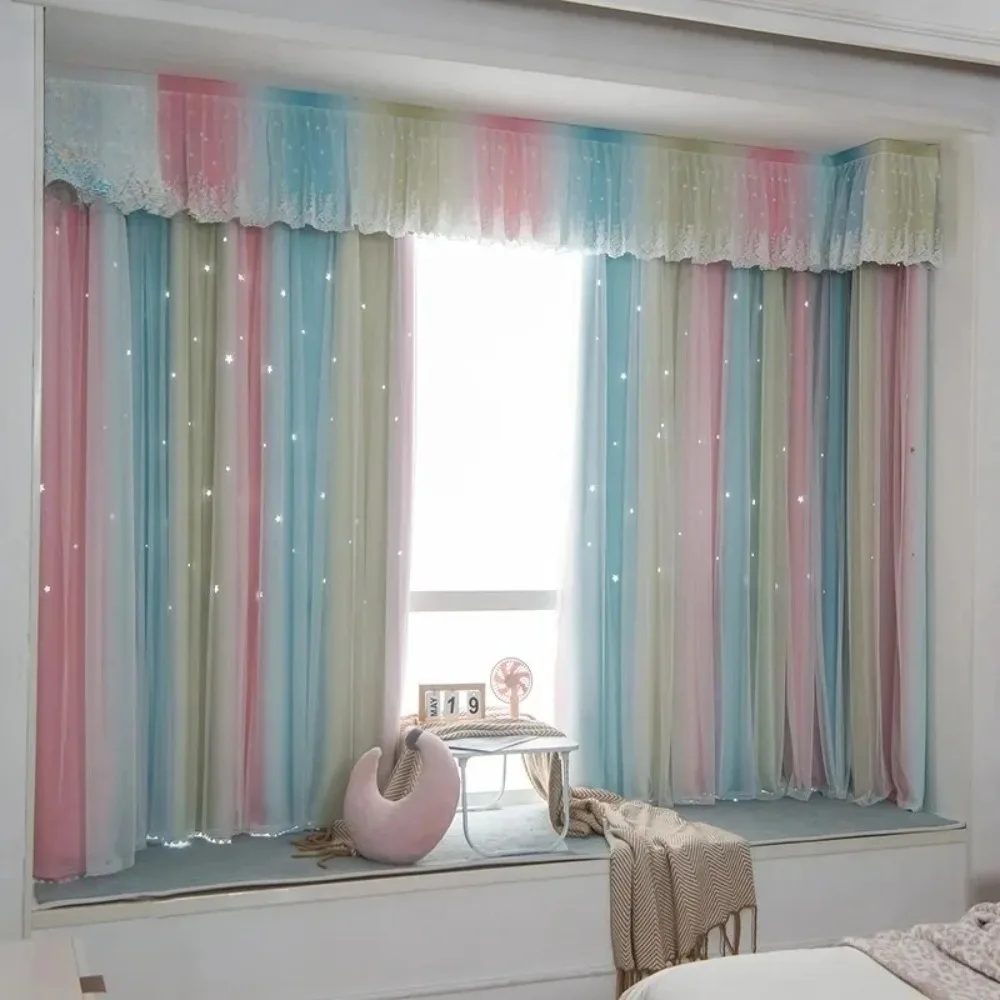 

Ins Стиль Радужные кружевные марлевые плотные шторы для комнаты для девочек, оконные шторы с декоративной головкой, модный детский декор