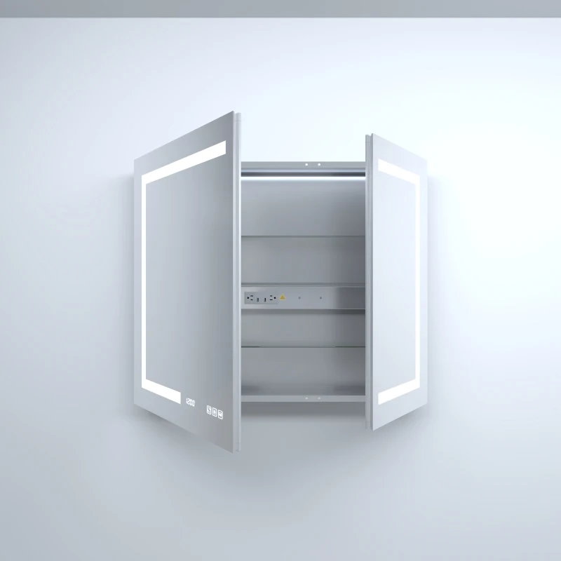 36 pulgadas. L x 30 pulgadas. Botiquín empotrable/montaje en superficie de aluminio plateado rectangular H con LED de espejo y reloj