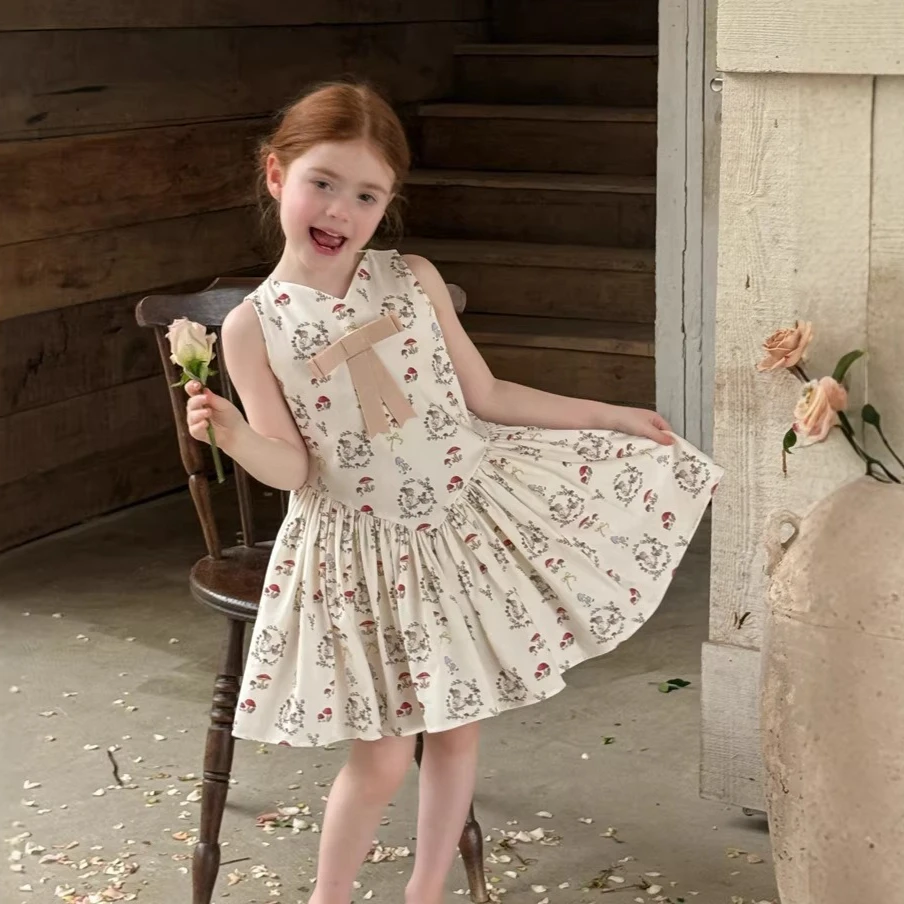 Girls Dress 2026 Spring/summer New Children's Clothing Korean Style Girls Baby Fashion Retro Liner Mesh Print Princess Dress