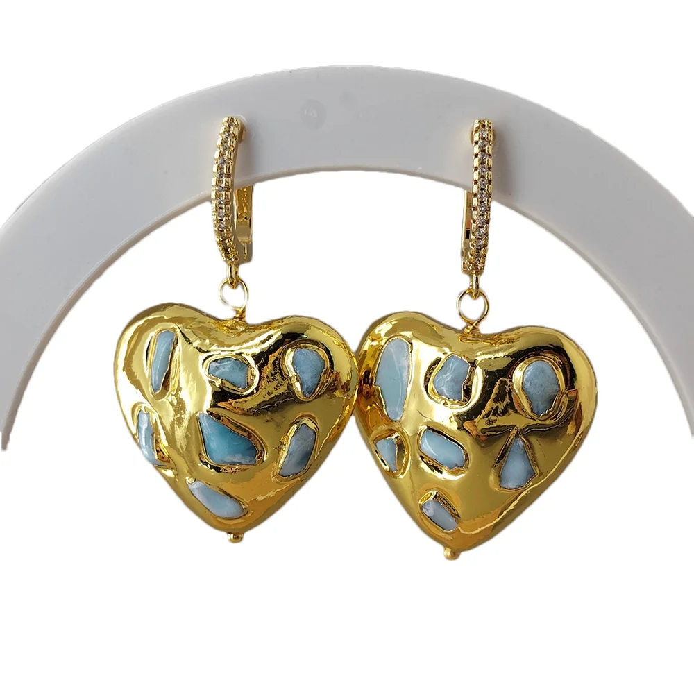 

Natural Gemstone Blue Larimar Heart Metal Plated Drop Lever Back Earrings Handmade Jewelry