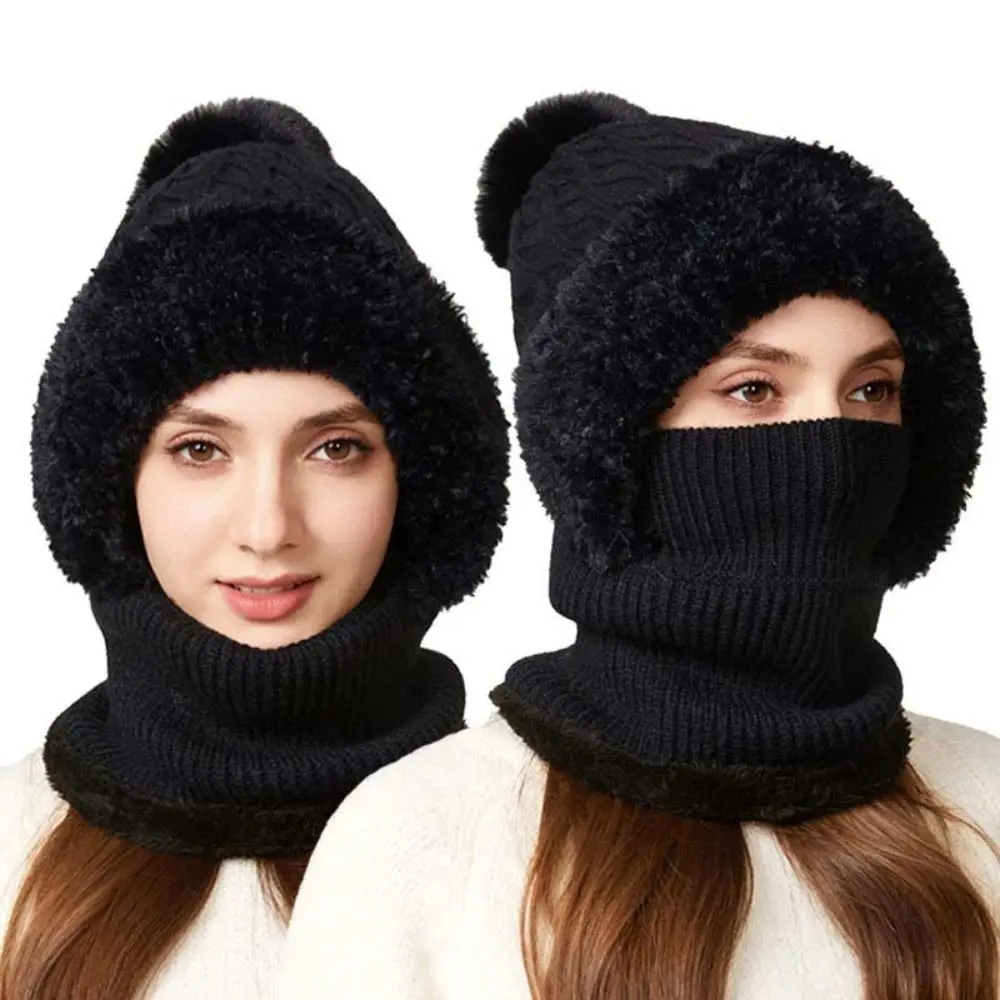 مجموعة قناع قبعة شتوية قطيفة غير رسمية بلون سادة وسميكة ودافئة 2 في 1 وشاح قبعة وواقي للرقبة لحماية الأذن قبعة بالاكلافا في الهواء الطلق