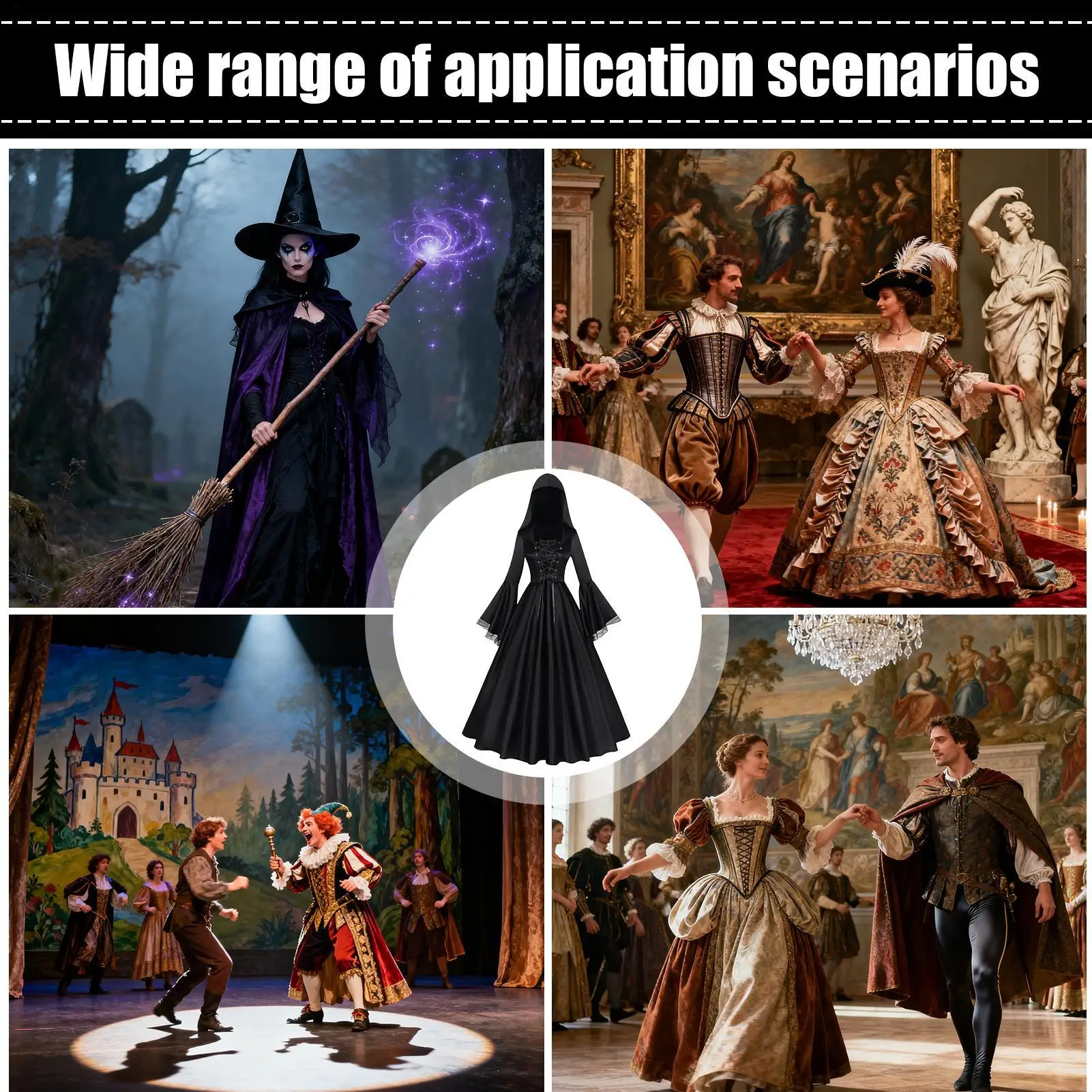 Halloween Witch Costume Medieval Gothic Long Dress Hooded Renaissance Cosplay Horror Dress-up for Women Haunted House Theater - view 6