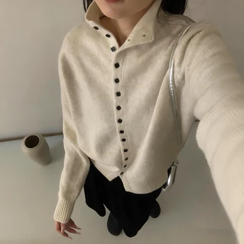 Women Stand Collar Button Down Knit Cardigan Sweater Korean Style Casual Knitwear Solid Color Soft Knitted Top for Autumn Winter 2