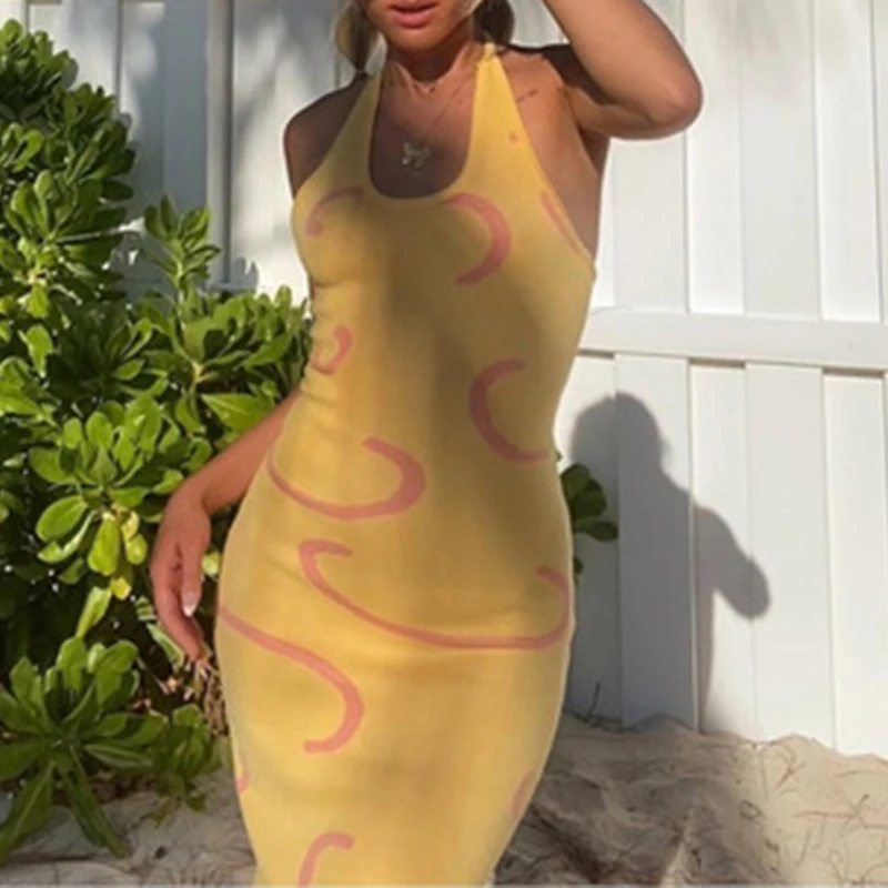 

2025 Knitted Bodycon Dress Women Halter Neck Summer Yellow Sleeveless Midi Backless Party Sexy Dresses Beach