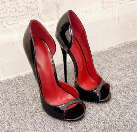 

New black patent leather and red lining 12cm sexy fish mouth shoes, shallow mouth super high heels, plus size shoes 33-46