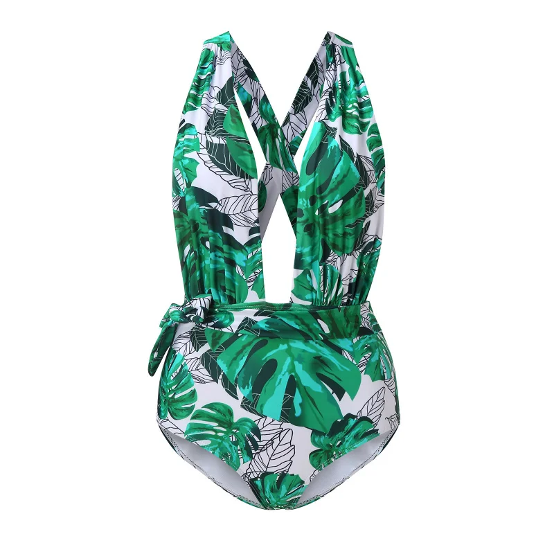 

New swimwear with green leaf print, sexy slim-fit one-piece swimsuit wholesale