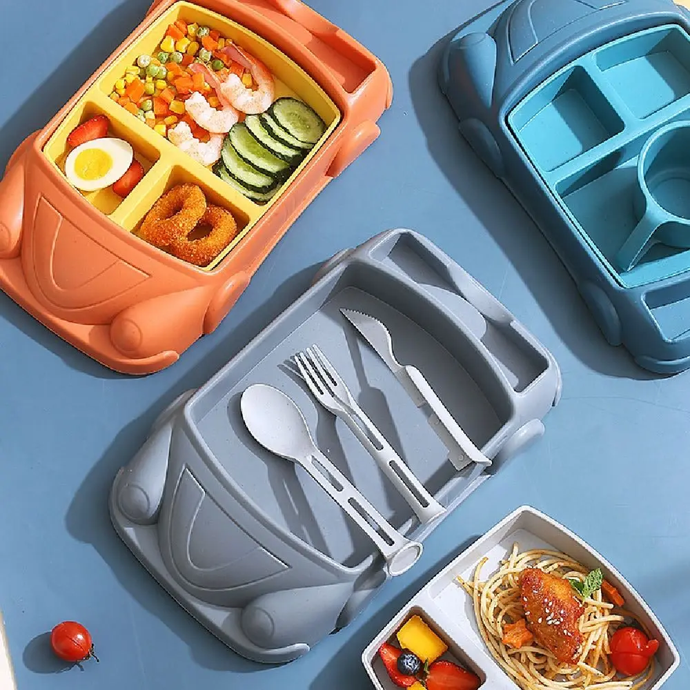 

Creative Car Shaped Dinner Plate Cartoon Detachable Kid's Lunch Plate with Cup Wheat Straw Children's Tableware Set Household