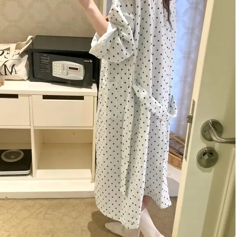 Women's Long Sleeved Thin Home Dressing Gown, Bathrobe with Polka Dots, Loose Waistband Robe, Long Sleeved Home Nightgown