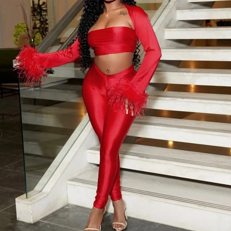 

3 Piece Set Women Red Outfits Sexy Long Sleeve Cut Out Crop Top+Low Waist Skinny Pants 2025 Summer Night Club Streetwear Clothes
