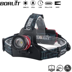 BORUiT B9 1000LM LED Zoonable Headlamp Mirco USB Rechargeable Headlight  Waterproof Canping Fishing Head Torch