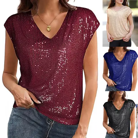 2025 Spring Tops Black Sequin Evening Sexy Blouses Women Elegant Fashion Sleeveless Solid Party Shirts Summer Women Y2k Clothing