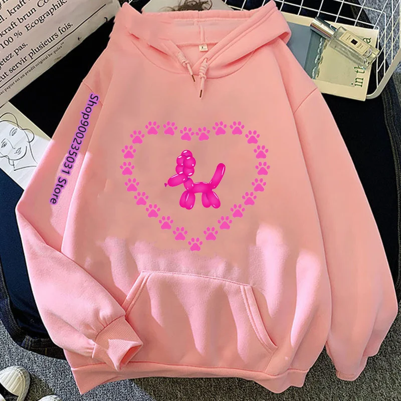 2024 Long Sleeve New Pink Poodle Casual Print Hoodies Women Vintage Fleece Fashion Hood Sweatshirts Unisex Winter Loose Pullover