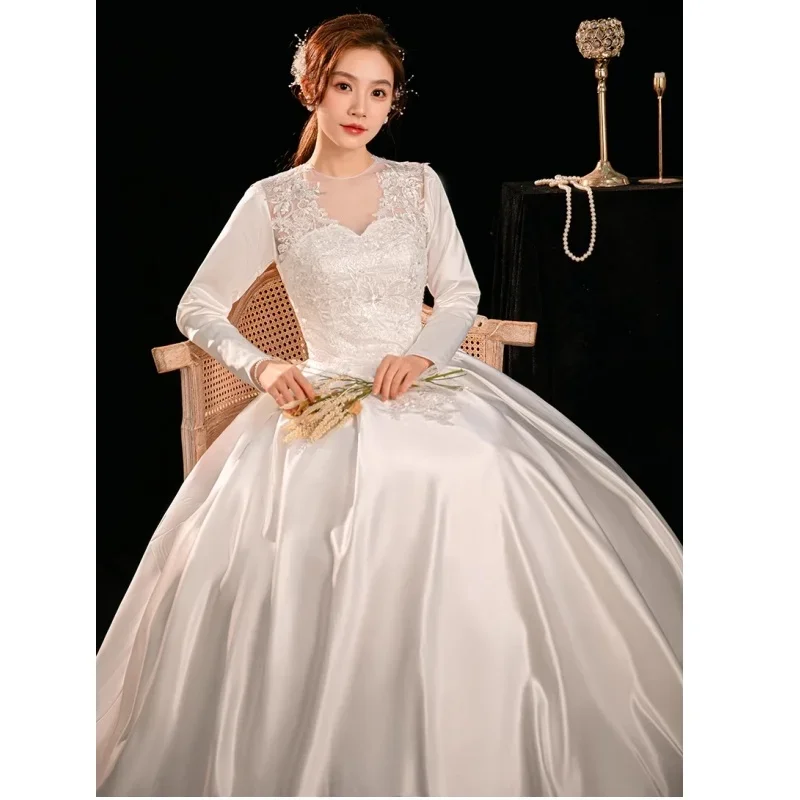 Cheap Wedding Dresses White Satin Appliques O-neck Full Sleeves Lace up Princess Floor-length Plus size Bride Ball Gowns XN168