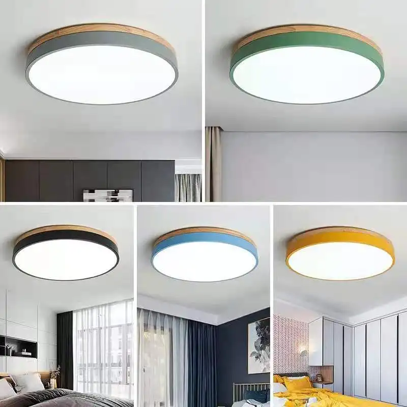 Nordic LED Ceiling Lights for Living Room Bedroom Ceiling Lamps Round Wooden 3 Lights Color Adjustable Macaron Colors Lighting