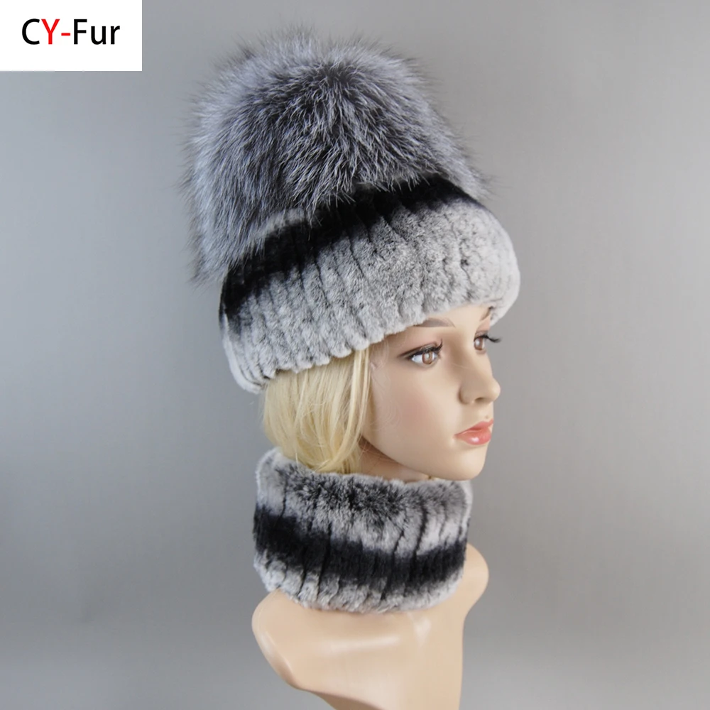 Winter Luxury Women Real Rex Rabbit Fur Hat Scarf Suit Knitted Rex Rabbit Fur Hat Top Natural Fox Fur Cap Women Winter Beanies