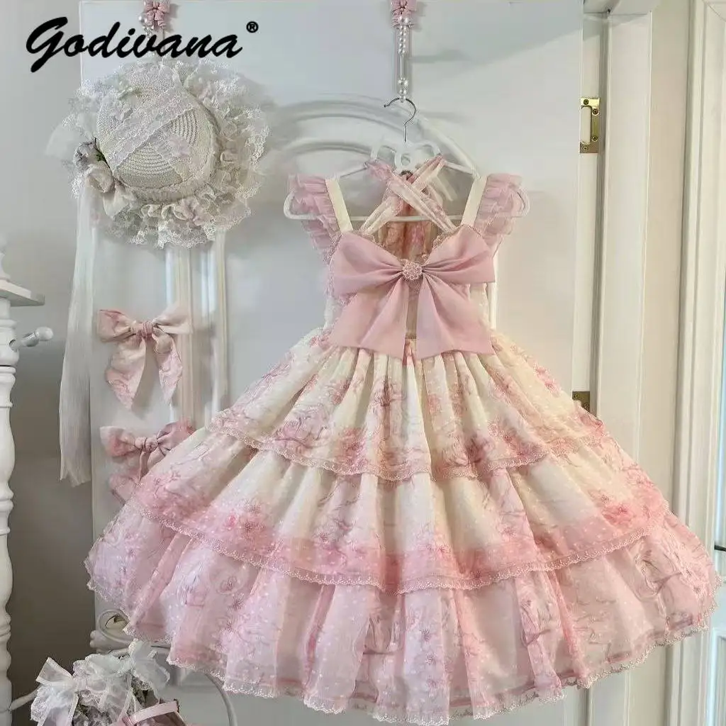 

Original Design New Summer Sweet Girls Sakura Jellyfish Lolita Jsk Dress Women's Cute Bow Seaside Holiday Loose Sleeveless Dress