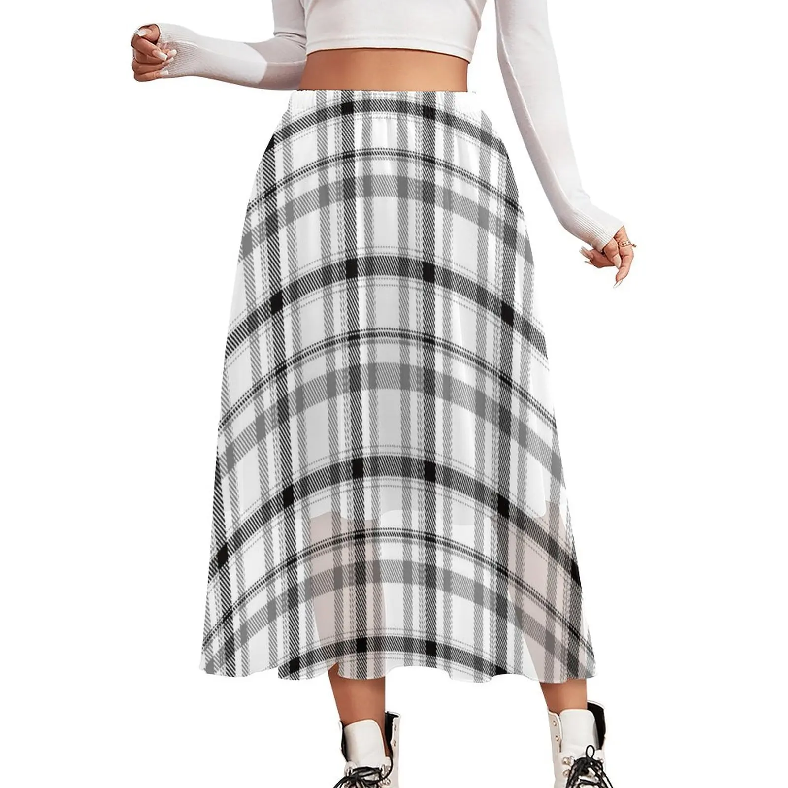 

Винтажная клетчатая юбка, черно-белые винтажные юбки в стиле бохо, летняя шифоновая повседневная юбка большого размера с эластичным поясом
