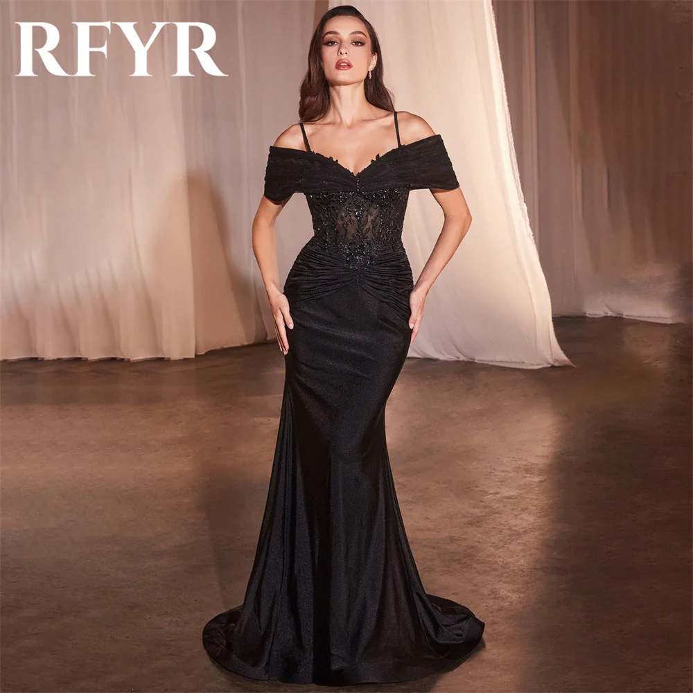 

RFYR Black Evening Dresses for Party Satin Off the Shoulder Pleats Long Mermaid Prom Gowns Appliques Celebrity Dress Customized