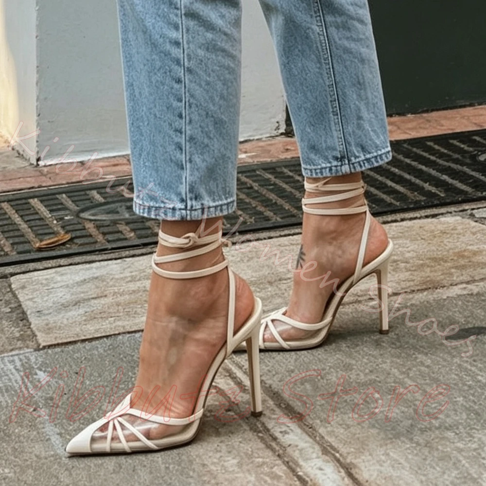 Women Transparent Pumps Pointed Toe Stiletto Heels Lace Up Ankle Wrap Leather Patchwork Party Dress Footwear Solid Color Fashion