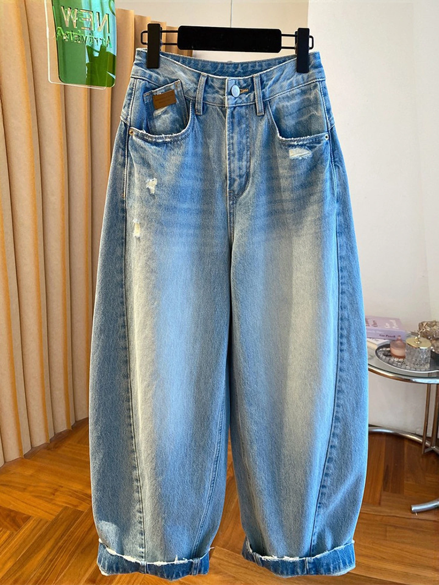 Light Wash Wide Leg Women's Jeans High Waist Slimming Small Size Loose Ladies Knife  Pants Commute Style Anti-Uv Denim